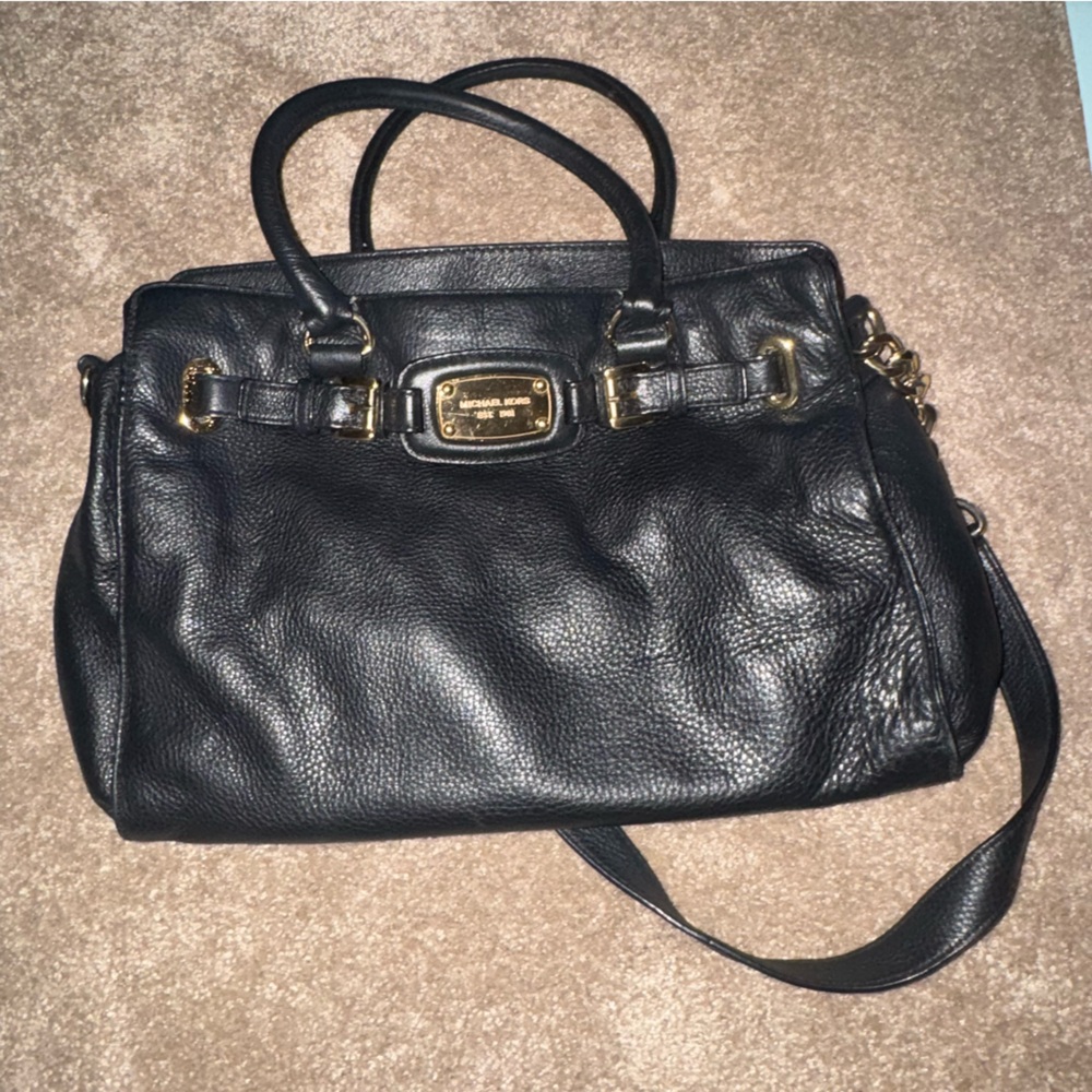 Michael Kors Black Leather Satchel with Gold Hardware